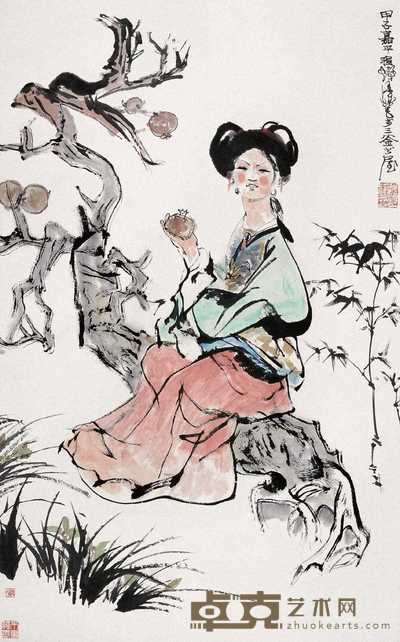 程十发 1984年作 丹榴映夏 立轴 94.5×58cm